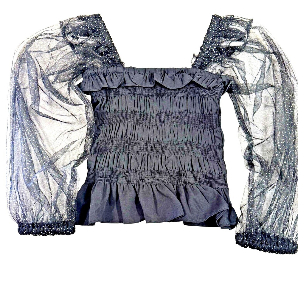 Jess Lea Womens Smocked Top S Sheer Long Sleeves Hold Sparkles Party Whimsigoth